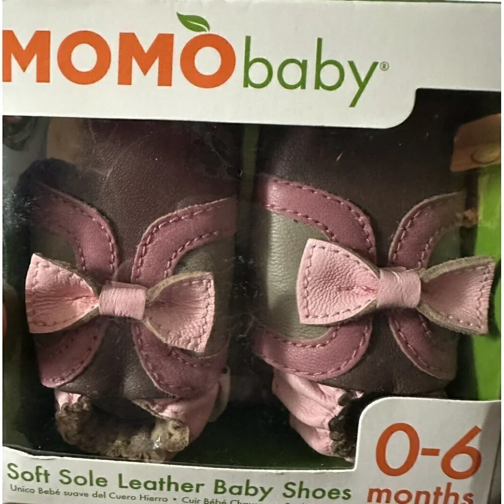 Momo Baby 0-6 Month Soft Sole Bootie Leather Baby Shoes Brown‎ And Pink Bow New